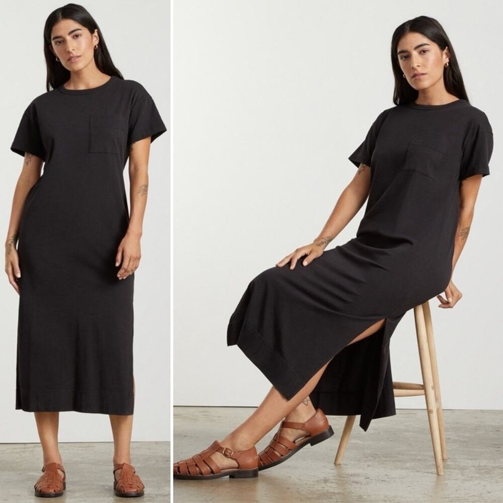 Everlane Organic Weekend Maxi Dress Black Size XS New Cotton Side Slit Long